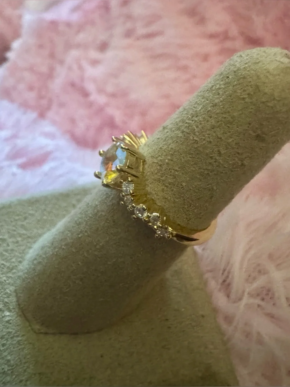 Moissanite Gold Aurora Opal-Cut Solitaire Ring with Side Accents